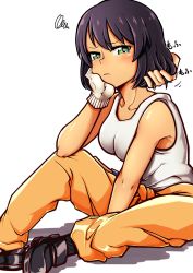Rule 34 | 1girl, black footwear, blush, bob cut, brown hair, closed mouth, clothes around waist, commentary request, dark-skinned female, dark skin, disembodied hand, frown, girls und panzer, gloves, green eyes, half-closed eyes, hand in another&#039;s hair, head rest, hidanedane, highres, hoshino (girls und panzer), jumpsuit, long sleeves, looking at viewer, mechanic, medium hair, motion lines, orange jumpsuit, partial commentary, shadow, shirt, shoes, short hair, simple background, sitting, squiggle, tank top, translated, uniform, white background, white gloves, white shirt