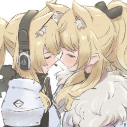 Rule 34 | 2girls, animal ear fluff, animal ears, arknights, armor, black bow, blemishine (arknights), bow, commentary, extra ears, closed eyes, face-to-face, from side, fur-trimmed jacket, fur trim, hair bow, headset, horse ears, implied extra ears, incest, jacket, multiple girls, nearl (arknights), ponytail, portrait, profile, siblings, sidelocks, simple background, sisters, umirororo, white background, yuri