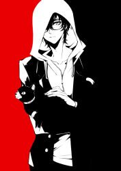 Rule 34 | 1boy, amamiya ren, animal, cat, closed mouth, fingernails, glasses, greyscale with colored background, holding, holding animal, holding cat, hood, hood up, hooded sweater, jacket, long sleeves, male focus, morgana (persona 5), one eye covered, persona, persona 5, petting, short hair, solo, sweater, two-tone background, zmore