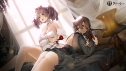 Rule 34 | 2girls, :d, alternate costume, arm under breasts, ass, azur lane, backless outfit, bare shoulders, belt, between breasts, black belt, black dress, braid, breasts, brown hair, chinese commentary, choker, cleavage, collarbone, commentary request, curtains, detached sleeves, dress, exeter (a glorious toast) (azur lane), exeter (azur lane), green eyes, hair between eyes, hand fan, hat, highres, holding, holding fan, indoors, lamp, large breasts, logo, long hair, looking at viewer, lying, mini hat, multiple girls, neckwear between breasts, official alternate costume, on bed, on stomach, open mouth, parted bangs, puffy detached sleeves, puffy sleeves, sidelocks, single braid, sitting, smile, strap between breasts, strapless, strapless dress, teeth, twintails, upper teeth only, white choker, white dress, white sleeves, windforcelan, window, york (azur lane), york (oath of purity) (azur lane)