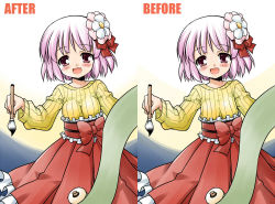 Rule 34 | 1girl, akou roushi, before and after, blush, bow, breasts, calligraphy brush, female focus, flower, hair ornament, hieda no akyuu, looking at viewer, obi, open mouth, paintbrush, purple eyes, purple hair, ribbed sweater, sash, scroll, smile, solo, sweater, tareme, touhou