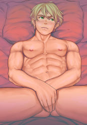 Rule 34 | 1boy, abs, bed, blonde hair, green eyes, male focus, muscular, nude, pectorals