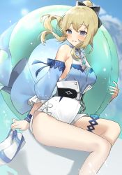 Rule 34 | 1girl, absurdres, bare legs, bare shoulders, blonde hair, blue eyes, blue shirt, bow, breasts, day, detached sleeves, feet out of frame, genshin impact, grin, hair bow, highres, holding, innertube, jean (genshin impact), jean (sea breeze dandelion) (genshin impact), long hair, looking at viewer, medium breasts, outdoors, parayang, ponytail, sandals, shirt, smile, solo, swim ring, thighs, unworn sandals