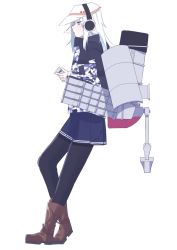 Rule 34 | 1girl, absurdres, black pantyhose, blue eyes, blue skirt, boots, brown footwear, cigarette, commentary request, daigaku jitome, expressionless, flat cap, full body, hat, hibiki (kancolle), highres, holding, holding lighter, kantai collection, lighter, long hair, long sleeves, pantyhose, pleated skirt, red star, rigging, skirt, solo, standing, star (symbol), torpedo tubes, white hair