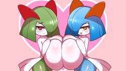 2girls alternate_color breast_press breasts creatures_(company) game_freak gen_3_pokemon highres huge_breasts kirlia monster_girl multiple_girls nintendo oppai_loli pokemon shiny_pokemon siglk symmetrical_docking yuri