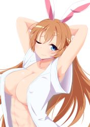 Rule 34 | 1girl, :s, animal ears, arms behind head, artist request, belly, blue eyes, breasts, charlotte e. yeager, cleavage, collarbone, covered erect nipples, hair between eyes, highres, large breasts, long hair, looking at viewer, navel, one eye closed, open clothes, open shirt, orange hair, rabbit ears, shirt, strike witches, very long hair, white shirt, wink, world witches series