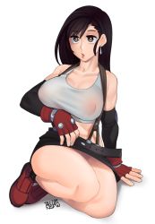 Rule 34 | 1990s (style), 1girl, bad id, bad tumblr id, bare shoulders, black hair, breasts, brown eyes, conto, earrings, elbow gloves, covered erect nipples, final fantasy, final fantasy vii, full body, gloves, highres, huge breasts, jewelry, long hair, looking at viewer, midriff, miniskirt, no panties, parted lips, see-through, sitting, skirt, solo, stomach, tank top, tifa lockhart
