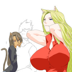 Rule 34 | 2girls, animal ears, arms behind head, arms up, bad id, bad pixiv id, black hair, blonde hair, blue eyes, breast envy, breasts, brown hair, cat ears, cat tail, dark skin, dark-skinned female, huge breasts, impossible clothes, impossible shirt, ksaiki, looking at breasts, multiple girls, original, partially colored, popped collar, red eyes, shirt, tail