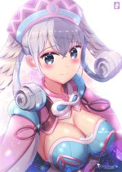 Rule 34 | 1girl, blush, breasts, cape, chinchongcha, cleavage, hat, head wings, highres, large breasts, looking at viewer, melia antiqua, nintendo, signature, silver hair, smile, solo, upper body, white background, wings, xenoblade chronicles (series), xenoblade chronicles 1
