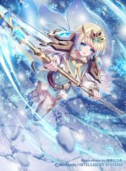 Rule 34 | 1girl, armor, belt, blonde hair, blue eyes, blue hair, cape, company name, copyright name, dress, earrings, fingernails, fire emblem, fire emblem cipher, fire emblem heroes, fjorm (fire emblem), holding, holding weapon, jewelry, kamui natsuki, long sleeves, multicolored hair, nintendo, official art, open mouth, polearm, short dress, short hair, shoulder armor, shoulder pads, snowflakes, solo, spear, thighhighs, weapon
