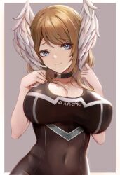 Rule 34 | 1girl, black bodysuit, blue eyes, bodysuit, breast tattoo, breasts, brown hair, choker, cleavage, collarbone, commentary, covered navel, eunie (xenoblade), head wings, highres, large breasts, leonmandala, light smile, looking at viewer, no jacket, tattoo, upper body, wings, xenoblade chronicles (series), xenoblade chronicles 3