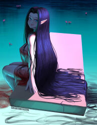 Rule 34 | 1girl, absurdly long hair, absurdres, blue eyes, breasts, commentary, commission, covered erect nipples, dress, dudeunderscore, elf, english commentary, from side, highres, large breasts, legs together, lips, long hair, no bra, original, pale skin, petals, pointy ears, purple hair, see-through, see-through dress, sitting, smile, soaking feet, solo, turning head, twitter username, very long hair, water