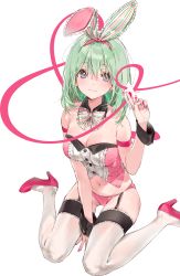 Rule 34 | 1girl, absurdres, ace (playing card), ace of hearts, animal ears, arm strap, bare shoulders, between legs, blue eyes, bow, bowtie, breasts, card, cleavage, crop top, detached collar, dsmile, fake animal ears, garter straps, gluteal fold, green hair, hair between eyes, hairband, hand up, heart, high heels, highres, holding, long hair, looking at viewer, medium breasts, nail polish, navel, no bra, no pants, original, panties, pink footwear, pink panties, playing card, pumps, rabbit ears, revealing clothes, shoes, sitting, skindentation, sleeveless, smile, solo, stomach, strapless, thighhighs, transparent background, underwear, wariza, white thighhighs, wrist cuffs