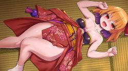 Rule 34 | 1girl, asa no ha (pattern), belt, blonde hair, bra, breasts, chiroshiron, choker, cleavage, colored inner hair, floral print, highres, japanese clothes, kimono, kimono pull, lying, medium hair, multicolored hair, obi, obijime, red eyes, red kimono, rumia, sash, solo, strapless, strapless bra, thighs, tongue, tongue out, touhou, underwear