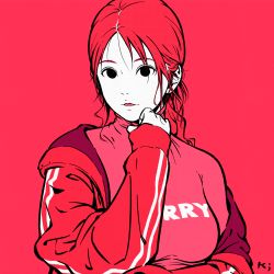 Rule 34 | 1girl, black eyes, breasts, flat color, hand up, highres, jacket, long hair, looking at viewer, medium breasts, miyoshi yoshimi, off shoulder, original, parted lips, pink shirt, print shirt, red background, red hair, red jacket, red theme, shirt, simple background, smile, solo, upper body