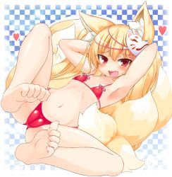 Rule 34 | 1girl, animal ear fluff, animal ears, armpits, arms behind head, bikini, blonde hair, blush, cameltoe, checkered background, fang, fox ears, fox mask, fox tail, full body, heart, long hair, looking at viewer, lying, mask, multiple tails, navel, on back, open mouth, original, red bikini, red eyes, solo, spread legs, swimsuit, tachi yure, tail, toe scrunch