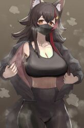 Rule 34 | 1girl, alternate costume, animal ears, black hair, breasts, cleavage, collarbone, dalcom, hair between eyes, hair ornament, hairclip, highres, hololive, jacket, large breasts, long hair, mask, midriff, mouth mask, multicolored hair, ookami mio, open clothes, open jacket, pants, red hair, simple background, solo, sports bra, steaming body, streaked hair, surgical mask, sweat, tail, virtual youtuber, wolf ears, wolf girl, wolf tail, yellow eyes, yoga pants