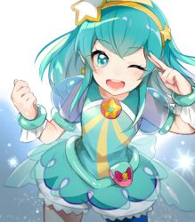 Rule 34 | 1girl, ;d, aqua eyes, aqua hair, aqua skirt, blue thighhighs, brooch, bubble skirt, clenched hand, cure milky, earrings, hagoromo lala, hair ornament, hairband, jewelry, leafwow, looking at viewer, magical girl, one eye closed, open mouth, precure, salute, single thighhigh, skirt, smile, solo, star-shaped pupils, star (symbol), star earrings, star hair ornament, star twinkle precure, symbol-shaped pupils, teeth, thighhighs, wrist cuffs, yellow hairband