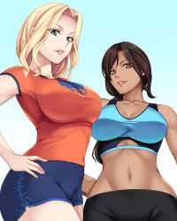 Rule 34 | 2girls, bare shoulders, black pants, blonde hair, blue background, blue shorts, blue sports bra, breasts, brown eyes, brown hair, cleavage, clothes writing, collarbone, commentary, cowboy shot, dark-skinned female, dark skin, fitness boxing, green eyes, groin, hair between eyes, hand on own hip, large breasts, laura (fitness boxing), long hair, looking at viewer, low ponytail, midriff, multiple girls, navel, orange shirt, pants, parted bangs, parted lips, ponytail, shirt, short shorts, shorts, sidelocks, simple background, smile, sophie (fitness boxing), sports bra, standing, taut clothes, tight clothes, tight pants, yuhji