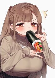 Rule 34 | 1girl, ^^^, blush, breasts, brown eyes, brown hair, brown shirt, commentary request, duplicate, eating, ehoumaki, food, food in mouth, highres, holding, holding food, kodama (sakura yuki), large breasts, long hair, long sleeves, looking at viewer, makizushi, mouth hold, original, pixel-perfect duplicate, sakura yuki (clochette), shirt, simple background, sushi, white background