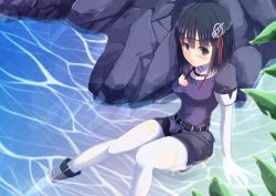 Rule 34 | 10s, 1girl, black hair, black shorts, brown eyes, elbow gloves, gloves, haguro (kancolle), kantai collection, long hair, outdoors, pantyhose, partially submerged, red eyes, shirt, short hair, shorts, sitting, solo, thighhighs, torn clothes, torn legwear, torn shirt, water, white gloves, white pantyhose, windfeathers
