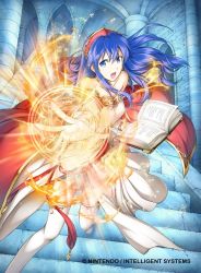 Rule 34 | 1girl, bare shoulders, blue eyes, blue hair, book, company name, copyright name, dress, fire, fire emblem, fire emblem: the binding blade, fire emblem cipher, hat, high heels, jewelry, lilina (fire emblem), long hair, matching hair/eyes, nintendo, solo, strapless, strapless dress, thighhighs, yamada koutarou