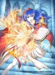 1girl bare_shoulders blue_eyes blue_hair book company_name copyright_name dress female_focus fire fire_emblem fire_emblem:_the_binding_blade fire_emblem_cipher hat high_heels jewelry lilina_(fire_emblem) long_hair matching_hair/eyes nintendo solo strapless strapless_dress thighhighs yamada_koutarou