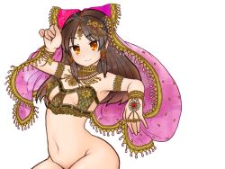 Rule 34 | 1girl, alternate costume, armband, armpits, blush, bottomless, bow, bracelet, breasts, brown hair, closed mouth, cookie (touhou), covered navel, cowboy shot, dancer, earrings, fringe trim, hair bow, hakurei reimu, indian clothes, jewelry, long hair, looking at viewer, medium breasts, miazuma sarin, navel, navel piercing, necklace, piercing, sananana (cookie), sideboob, simple background, smile, solo, third-party source, touhou, transparent background, veil, yellow eyes