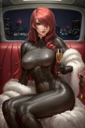 Rule 34 | 1girl, black bodysuit, bodysuit, breasts, car interior, champagne flute, closed mouth, commentary, cup, drill hair, drill sidelocks, drinking glass, english commentary, feather boa, hair over one eye, highres, holding, kirijou mitsuru, large breasts, long hair, matching hair/eyes, night, persona, persona 3, red eyes, red hair, red lips, sciamano240, sidelocks, sitting, skin tight, solo, thighs, window