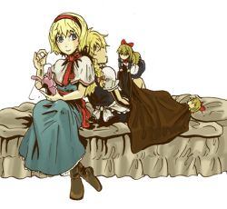 Rule 34 | 4girls, alice margatroid, bad id, bad pixiv id, blonde hair, blue eyes, boots, braid, charin, covering with blanket, doll, female focus, hairband, kirisame marisa, lowres, multiple girls, sewing, shanghai doll, sleeping, touhou, white background