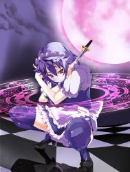Rule 34 | 1girl, apron, blue background, bow, checkered floor, cloud, crossed arms, embodiment of scarlet devil, female focus, floor, frills, full moon, ginopi, high heels, highres, holding, index finger raised, izayoi sakuya, knife, light smile, looking at viewer, looking back, magic circle, maid, maid apron, maid headdress, moon, parted lips, pinky out, purple hair, red eyes, red moon, reflection, shirt, shoes, short sleeves, skirt, solo, squatting, thighhighs, touhou, vest, water drop, wrist cuffs