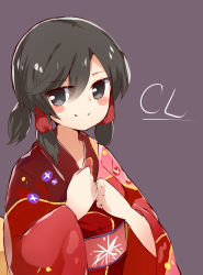 Rule 34 | 1girl, black eyes, black hair, blush, breasts, brown background, character name, cili (cookie), closed mouth, commentary request, cookie (touhou), eyes visible through hair, hair between eyes, hair tubes, hakurei reimu, highres, japanese clothes, kimono, looking at viewer, low ponytail, medium breasts, obi, pink sash, red kimono, sash, short hair, short ponytail, simple background, smile, solo, touhou, upper body, yumekamaborosh
