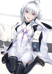 Rule 34 | 1girl, ahoge, banned artist, bed, black gloves, black pants, breasts, fate/grand order, fate/prototype, fate (series), fingerless gloves, fou (fate), gloves, kyoeiki, long hair, long sleeves, looking at viewer, medium breasts, merlin (fate/prototype), open mouth, pants, purple eyes, robe, sitting, smile, thighs, very long hair, wariza, white hair, white robe, wide sleeves