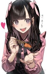 Rule 34 | 1girl, absurdres, artist name, black hair, black nails, blue eyes, bow, chopsticks, feeding, hair bow, heart, highres, holding, holding chopsticks, jirai kei, long sleeves, looking at viewer, original, pink bow, pink shirt, salmon, shirt, smile, solo, tetto (onnoveltet), white background