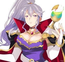 Rule 34 | 1girl, black choker, breasts, bridal gauntlets, cape, choker, cleavage, collared cape, commentary request, cup, dress, drinking glass, fire emblem, fire emblem: genealogy of the holy war, fire emblem heroes, floating, floating object, gem, grey hair, hand up, ishtar (fire emblem), large breasts, long hair, looking at viewer, nintendo, ponytail, purple dress, purple eyes, rem (eyes 410), simple background, solo, upper body, white background, wine glass