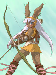 Rule 34 | 1girl, :o, animal ears, archer (ffta), arrow (projectile), ass, blue eyes, blush, boots, bow, bow (weapon), dark-skinned female, dark skin, earrings, female focus, final fantasy, final fantasy tactics a2, final fantasy tactics advance, from behind, gloves, jewelry, long hair, looking back, midriff, miniskirt, quiver, rabbit ears, ribbon, sankuma, skirt, solo, standing, viera, weapon, white hair