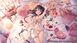 Rule 34 | 1girl, :d, arm up, armpits, balloon, bare shoulders, blush, bottle, bow, bow panties, box, breasts, brown hair, cake, candy, chocolate, chocolate heart, cleavage, clenched hands, cup, drinking glass, flower, food, frilled panties, frills, gift, hair between eyes, hair ornament, hairclip, hand on own head, hat, heart, heart-shaped box, indoors, jewelry, lingerie, long hair, looking at viewer, lying, medium breasts, midriff, navel, neck ribbon, necklace, necktie, notebook, official art, on back, on bed, open mouth, original, panties, pencil, petals, pillow, pongu, red ribbon, ribbon, smile, solo, stuffed animal, stuffed toy, sunlight, sunset, table, teddy bear, thigh strap, underwear, unworn headwear, unworn necktie, white hat, white panties, window, wine bottle, wine glass, wooden table, yellow eyes, yellow necktie, yellow ribbon