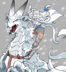 Rule 34 | 1girl, blizzard, blue eyes, cape, dobrynya nikitich (fate), dobrynya nikitich (first ascension) (fate), dragon, fate/grand order, fate (series), fur-trimmed headwear, fur trim, grey background, highres, armored boots, ramune gohan, riding, snow, tail, white hair