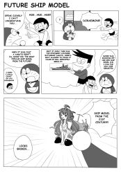 Rule 34 | 10s, 2boys, ahoge, battleship, bell, neck bell, cannon, collar, comic, commentary, crossover, crying, damaged, doraemon, doraemon (character), english text, figure, glasses, greyscale, headgear, highres, honekawa suneo, kantai collection, kongou (kancolle), machinery, military, military vehicle, model kit, monochrome, multiple boys, nobi nobita, one eye closed, revision, ship, thighhighs, torn clothes, turret, wangphing, warship, watercraft