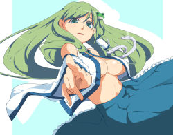 Rule 34 | 1girl, bad id, bad pixiv id, bare shoulders, detached sleeves, female focus, frog hair ornament, green eyes, green hair, haine, hair ornament, hair tubes, highres, kochiya sanae, long hair, matching hair/eyes, no bra, open clothes, open shirt, pointing, pointing at viewer, shirt, snake, solo, touhou