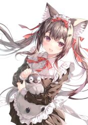 Rule 34 | 1girl, absurdres, animal, animal ear fluff, animal ears, apron, bird, blush, brown eyes, brown hair, buttons, cat ears, cat girl, fingernails, frilled apron, frills, hair ornament, hairclip, highres, holding, long hair, long sleeves, looking at viewer, maid, maid headdress, miwabe sakura, mole, mole under eye, open mouth, original, penguin, ribbon, scan, simple background, skirt, smile, twintails, upper body, white background