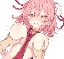 Rule 34 | 1girl, 1other, blush, grabbing another&#039;s breast, breasts, bun cover, double bun, flower, grabbing, hair bun, ibaraki kasen, large breasts, looking at viewer, nipples, open mouth, paragasu (parags112), pink flower, pink hair, pink rose, red eyes, rose, short hair, simple background, solo focus, tabard, touhou, upper body, white background