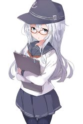 Rule 34 | 10s, 1girl, :&lt;, bespectacled, black thighhighs, blue eyes, clipboard, glasses, hat, hibiki (kancolle), highres, kantai collection, long hair, long sleeves, looking at viewer, school uniform, serafuku, silver hair, simple background, skirt, solo, sumisu (mondo), thighhighs, white background