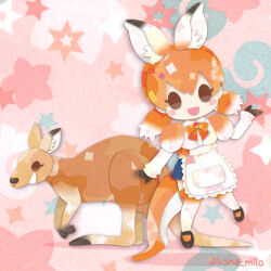 Rule 34 | 1girl, animal, animal ears, apron, bow, bowtie, brown hair, extra ears, gloves, japari symbol, kangaroo, kangaroo ears, kangaroo girl, kangaroo tail, kemono friends, kikuchi milo, long hair, looking at viewer, pink background, red kangaroo (kemono friends), shirt, shoes, shorts, simple background, tail, thighhighs, twintails