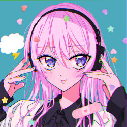 Rule 34 | 1girl, bandaid, black shirt, blue background, blush, chromatic aberration, closed mouth, collared shirt, commentary request, hair between eyes, headphones, heart, highres, long hair, long sleeves, looking at viewer, marshall maximizer (cevio), megurine luka, pink hair, project sekai, purple eyes, shirt, simple background, sleeves past wrists, sodapop (iemaki), solo, star (symbol), upper body, variant set, vocaloid