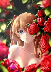 Rule 34 | 1girl, 2021, absurdres, akiranogo2000, blue eyes, breasts, brown hair, cleavage, collarbone, dated, flower, hair between eyes, hair over shoulder, headgear, highres, long hair, looking at viewer, neon genesis evangelion, nude, nue, open mouth, red flower, red rose, rose, signature, small breasts, solo, souryuu asuka langley, upper body