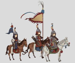Rule 34 | 3girls, armor, arrow (projectile), bow (weapon), brigandine (armor), brown horse, cavalry, chinese armor, chinese empire, fangdan runiu, flag, grey background, gun, helmet, holding, holding flag, horseback riding, jitome, lamellar armor, ming dynasty, mirror armor, multiple girls, original, quiver, riding, saddle blanket, stirrups (riding), tassel, weapon, white horse