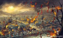Rule 34 | architecture, bare tree, black clouds, branch, building, burning, burning building, east asian architecture, fence, fire, from above, gate, leaf, maple leaf, mountain, original, plaque, sky, smoke, streamers, tao kekekeke, town, tree, wall, yellow sky