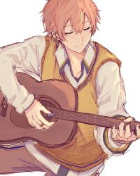 Rule 34 | 1boy, adair (juicelooped), blonde hair, closed eyes, closed mouth, collared shirt, commentary, cowboy shot, earrings, english commentary, guitar, highres, holding, holding instrument, instrument, jewelry, long sleeves, male focus, multicolored hair, official alternate costume, orange hair, plectrum, project sekai, ring, shinonome akito, shirt, short hair, simple background, solo, streaked hair, sweater vest, the vivid old tale (project sekai), white background