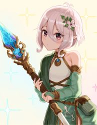 Rule 34 | 1girl, antenna hair, asymmetrical clothes, blush, bridal gauntlets, closed mouth, commentary request, cowboy shot, elf, flower, gradient background, hair between eyes, hair flower, hair ornament, highres, holding, holding lance, holding polearm, holding weapon, hoshibudou, kokkoro (princess connect!), lance, leaf, looking at viewer, pointy ears, polearm, pouch, princess connect!, purple eyes, see-through, short hair, silver hair, single bare shoulder, solo, sparkle, two-tone dress, weapon, white flower